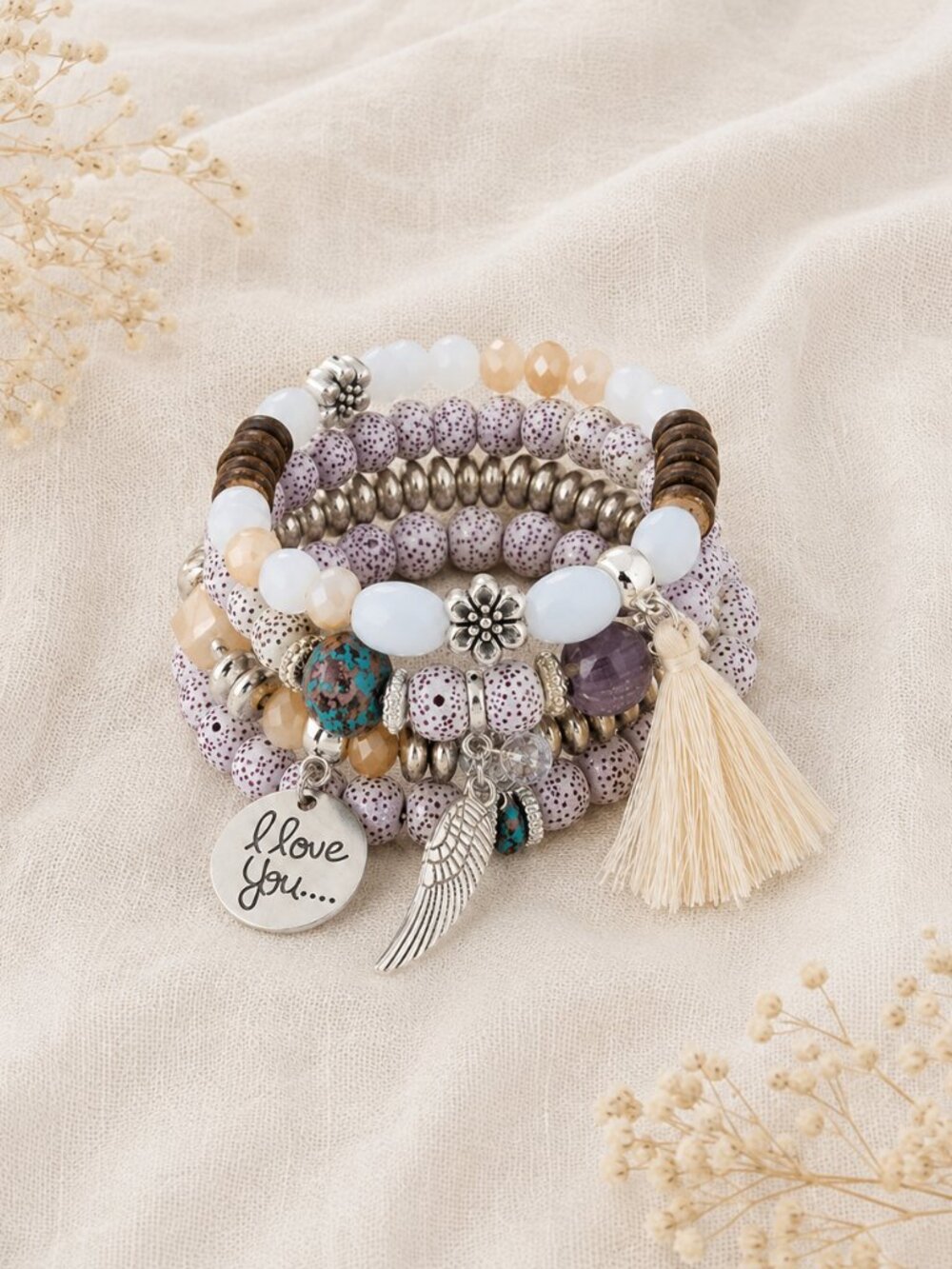 White Beaded Wing Tassel Bracelet Stack Boho Protection Style NWT